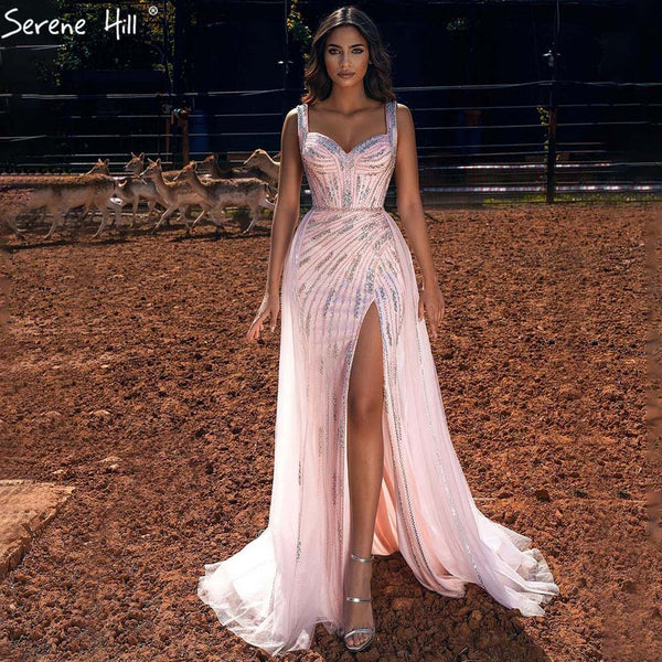Serene Hill Pink Meramid Luxury Evening Dresses Gowns 2025 Beaded Elegant High Split For Women Party LA71373