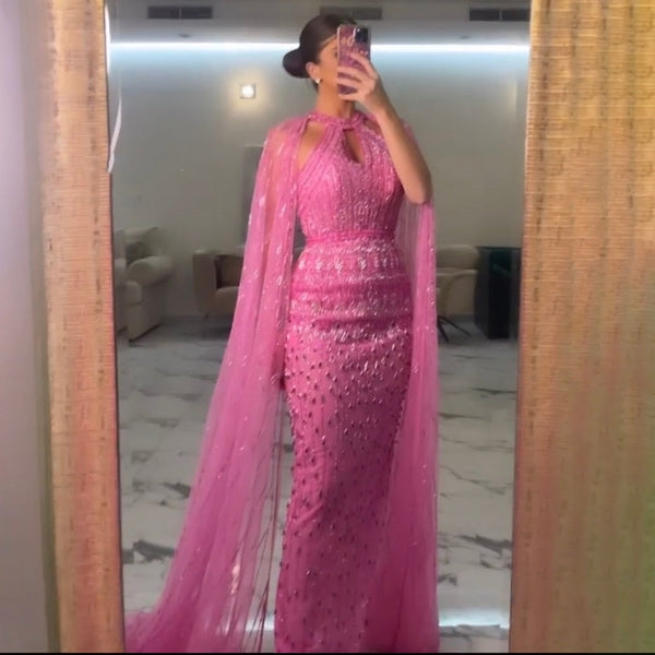 Luxury Dubai Mermaid Pink Evening Dresses with Cape Sleeves LA71817