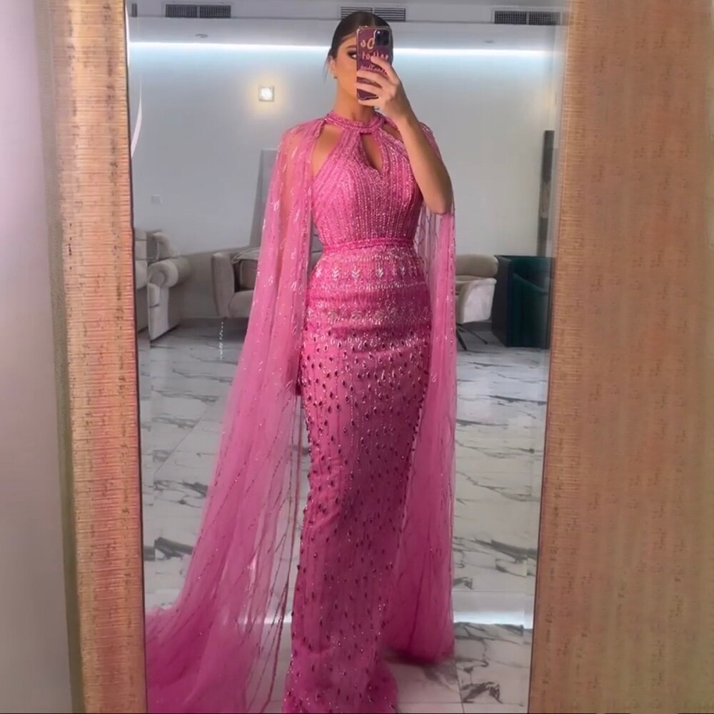 Luxury Dubai Mermaid Pink Evening Dresses with Cape Sleeves LA71817 - SERENE HILL