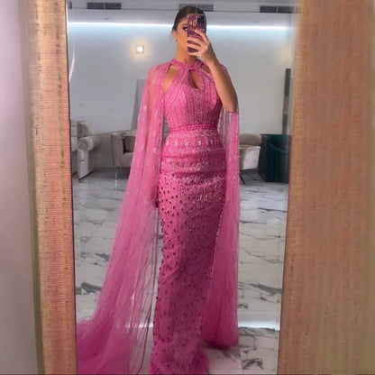 Luxury Dubai Mermaid Pink Evening Dresses with Cape Sleeves LA71817 - SERENE HILL