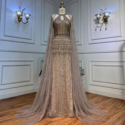 Luxury Dubai Mermaid Pink Evening Dresses with Cape Sleeves LA71817 - SERENE HILL