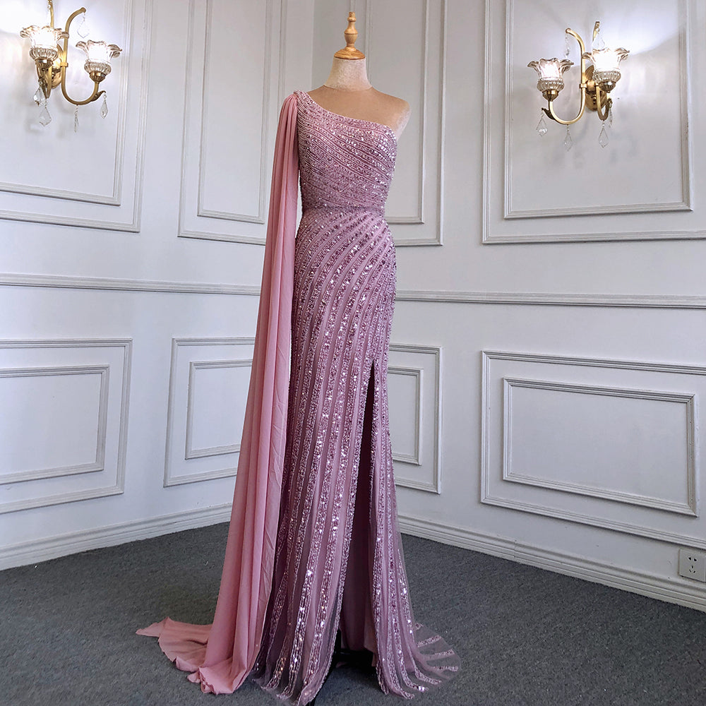 Serene Hill Pink Mermaid Elegant One-Shoulder Cape Sleeve Evening Dresses Gowns 2025 High Split Luxury Beaded LA71708 - SERENE HILL