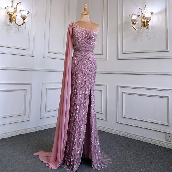 Serene Hill Pink Mermaid Elegant One-Shoulder Cape Sleeve Evening Dresses Gowns 2025 High Split Luxury  Beaded LA71708