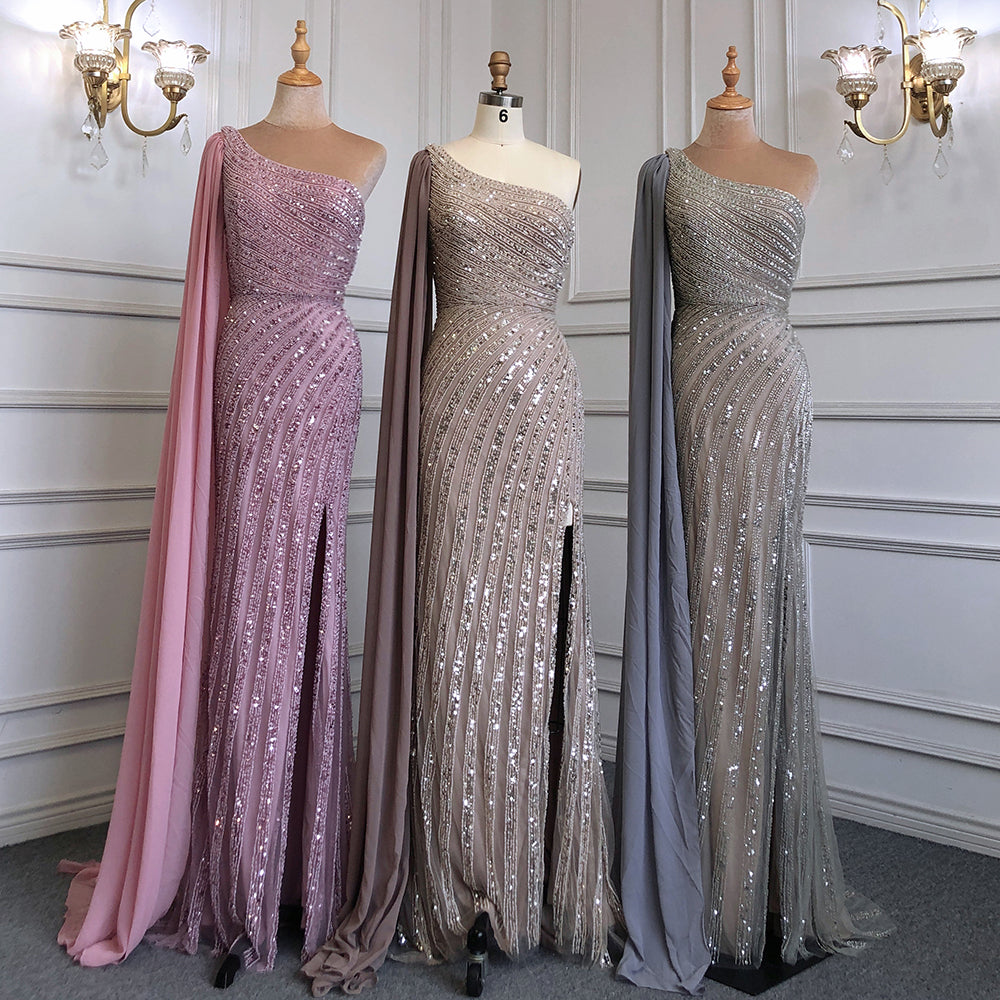 Serene Hill Pink Mermaid Elegant One-Shoulder Cape Sleeve Evening Dresses Gowns 2025 High Split Luxury Beaded LA71708 - SERENE HILL
