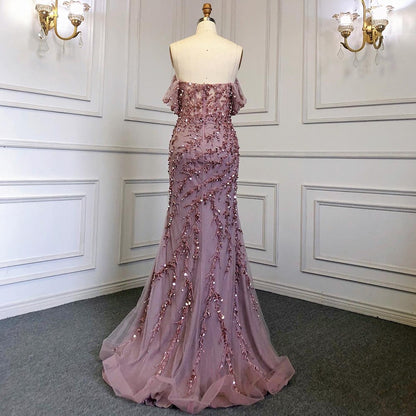Serene Hill Pink Mermaid Elegant Sexy Off ShoulderEvening Dresses Gowns Luxury Beaded Off The Shoulder For Woman Party LA71653 - SERENE HILL