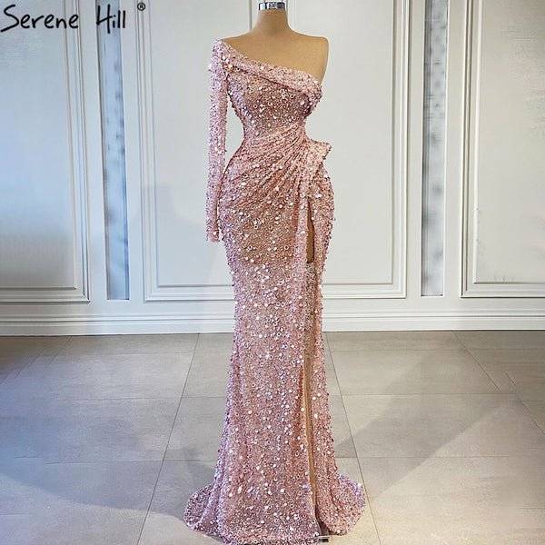 هيل هيل Pink Mermaid High Split Dresses Vronses 2025 الفاخرة ذات الخرز الأنيق للنساء Party LA71244