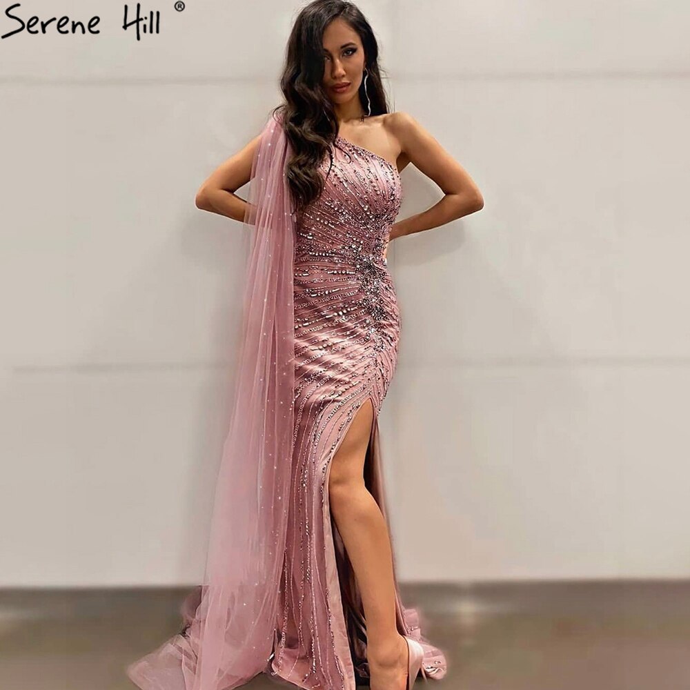 Serene Hill Pink Mermaid Split Evening Dresses Gowns 2025 One Shoulder Elegant Cape Sleeve For Women Party LA71195 - SERENE HILL