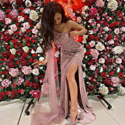 Serene Hill Pink Mermaid Split Evening Dresses Gowns 2025 One Shoulder Elegant Cape Sleeve For Women Party LA71195 - SERENE HILL