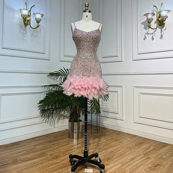 Serene Hill Pink Mermaid Sweatheart Spaghetti Strap Short Evening Dresses Beaded Feather Mini Gowns 2025 For Women Party LA72039