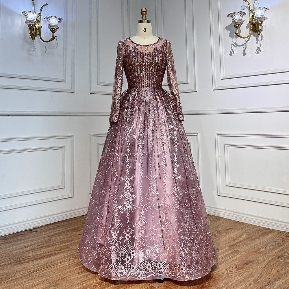Serene Hill Pink Muslim A Line Long Sleeves Evening Dresses Arabic Luxury Beaded Gowns 2025 For Women Wedding Party LA70552A - SERENE HILL
