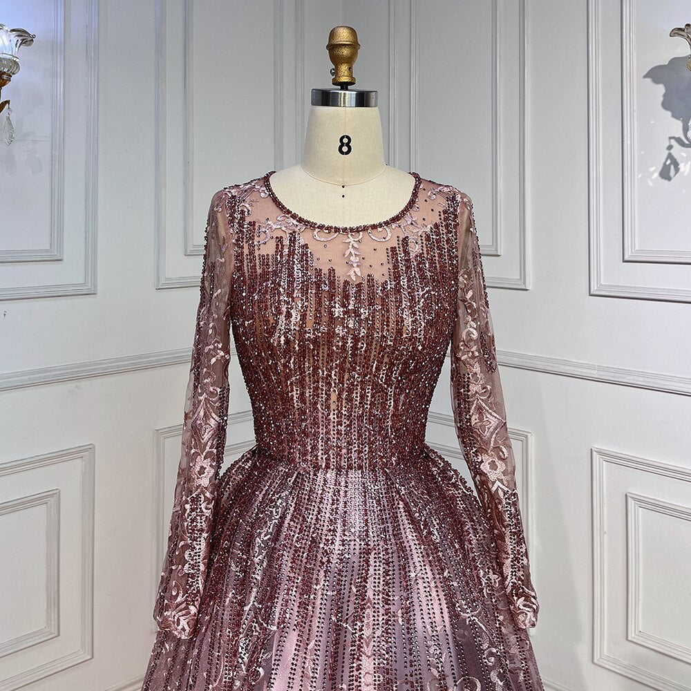 Serene Hill Pink Muslim A Line Long Sleeves Evening Dresses Arabic Luxury Beaded Gowns 2025 For Women Wedding Party LA70552A - SERENE HILL