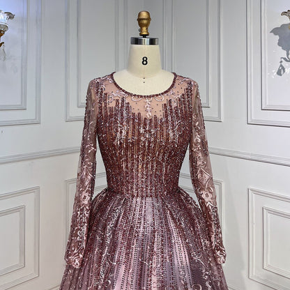 Serene Hill Pink Muslim A Line Long Sleeves Evening Dresses Arabic Luxury Beaded Gowns 2025 For Women Wedding Party LA70552A - SERENE HILL