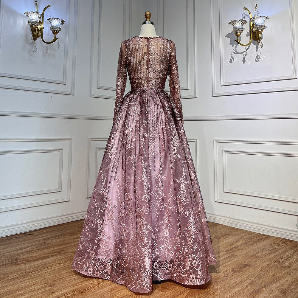 Serene Hill Pink Muslim A Line Long Sleeves Evening Dresses Arabic Luxury Beaded Gowns 2025 For Women Wedding Party LA70552A - SERENE HILL