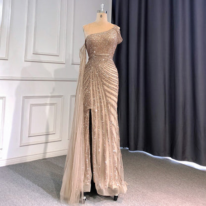 Serene Hill Pink One-Shoulder Cape Sleeve Evening Dresses Gowns 2025 Luxury Mermaid Beaded Elegant For Women Party LA71589 - SERENE HILL