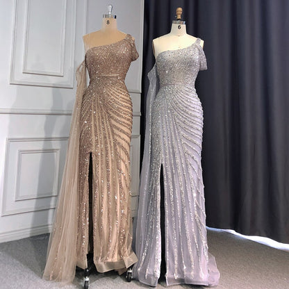 Serene Hill Pink One-Shoulder Cape Sleeve Evening Dresses Gowns 2025 Luxury Mermaid Beaded Elegant For Women Party LA71589 - SERENE HILL