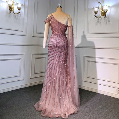 Serene Hill Pink One-Shoulder Cape Sleeve Evening Dresses Gowns 2025 Luxury Mermaid Beaded Elegant For Women Party LA71589 - SERENE HILL