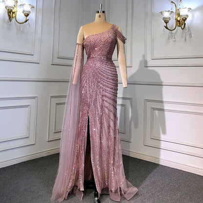 Serene Hill Pink One-Shoulder Cape Sleeve Evening Dresses Gowns 2025 Luxury Mermaid Beaded Elegant For Women Party LA71589 - SERENE HILL