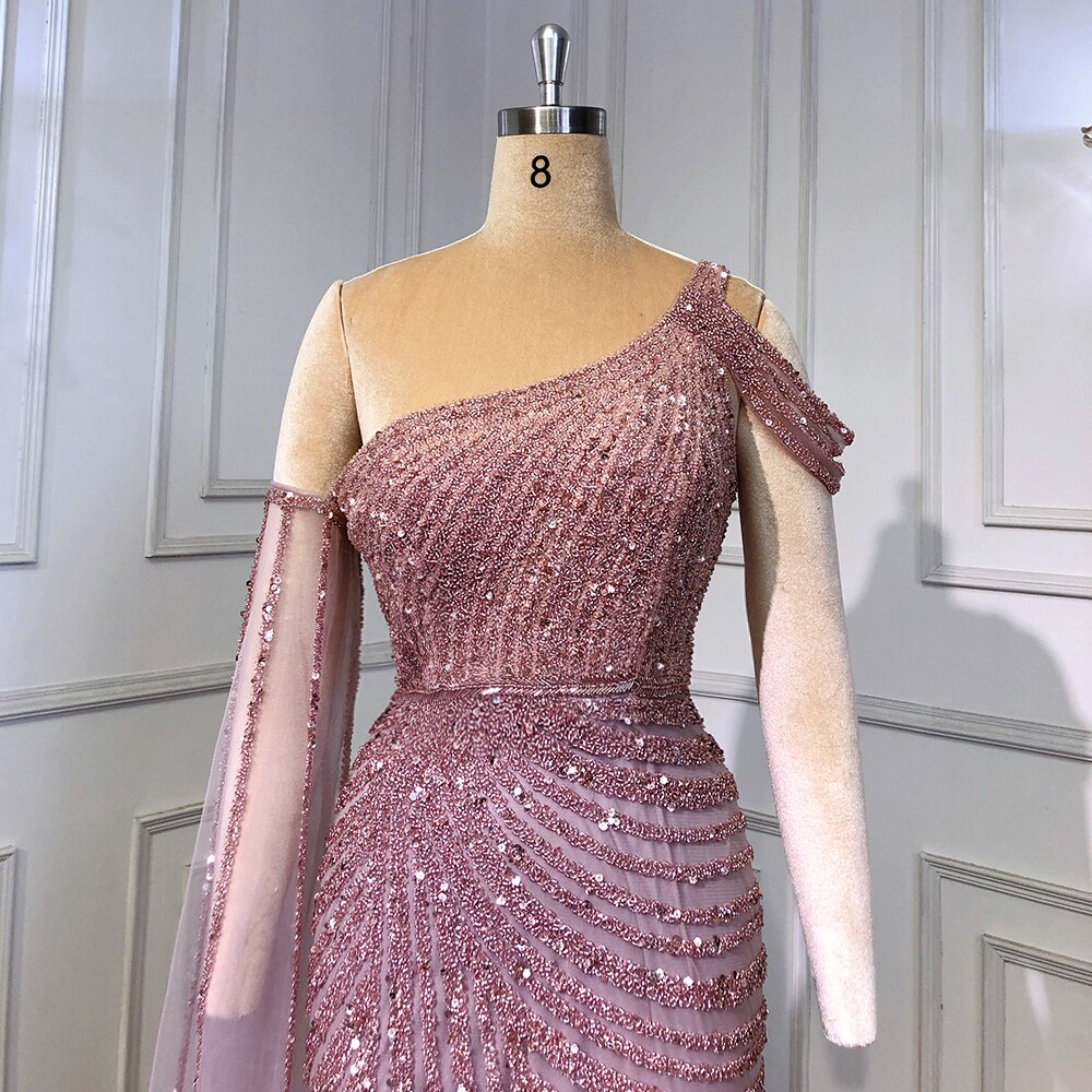 Serene Hill Pink One-Shoulder Cape Sleeve Evening Dresses Gowns 2025 Luxury Mermaid Beaded Elegant For Women Party LA71589 - SERENE HILL