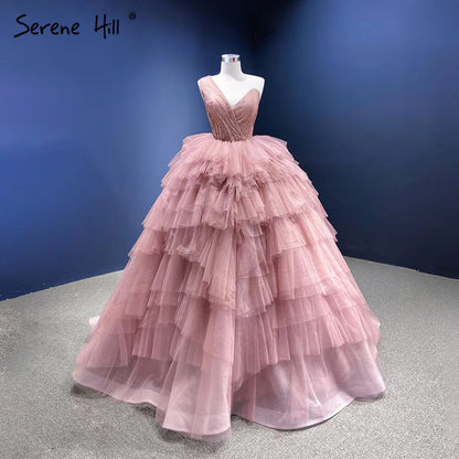Serene Hill Pink One Shoulder Wedding Dresses 2025 Ruffles Beaded Sexy Bridal Gowns HM66934D Custom Made - SERENE HILL