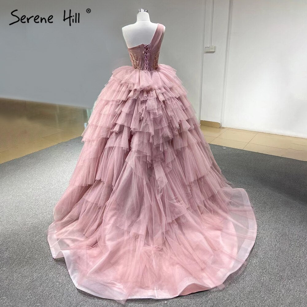 Serene Hill Pink One Shoulder Wedding Dresses 2025 Ruffles Beaded Sexy Bridal Gowns HM66934D Custom Made - SERENE HILL