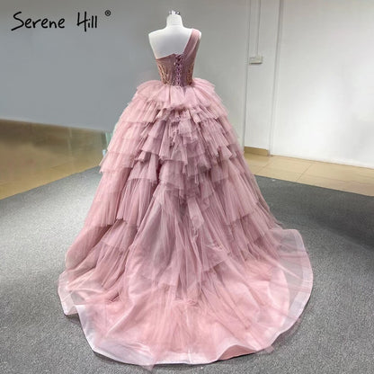 Serene Hill Pink One Shoulder Wedding Dresses 2025 Ruffles Beaded Sexy Bridal Gowns HM66934D Custom Made - SERENE HILL