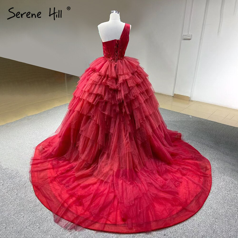 Serene Hill Pink One Shoulder Wedding Dresses 2025 Ruffles Beaded Sexy Bridal Gowns HM66934D Custom Made - SERENE HILL