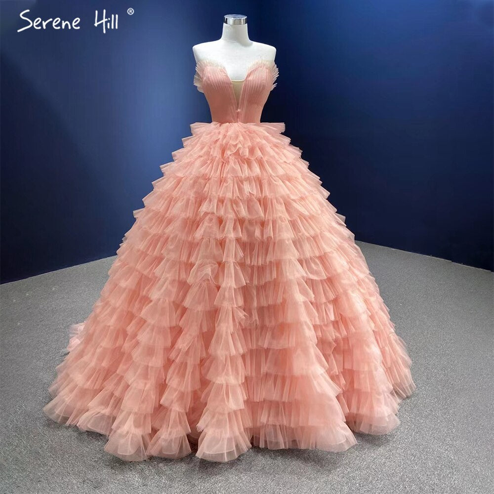 Serene Hill Pink One Shoulder Wedding Dresses 2025 Ruffles Beaded Sexy Bridal Gowns HM66934D Custom Made - SERENE HILL