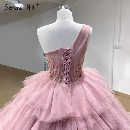 Serene Hill Pink One Shoulder Wedding Dresses 2025 Ruffles Beaded Sexy Bridal Gowns HM66934D Custom Made - SERENE HILL