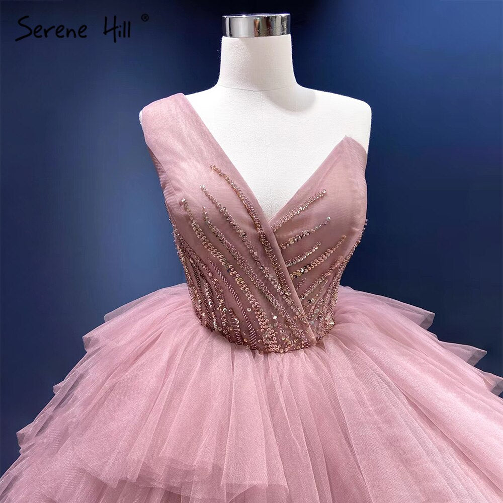 Serene Hill Pink One Shoulder Wedding Dresses 2025 Ruffles Beaded Sexy Bridal Gowns HM66934D Custom Made - SERENE HILL