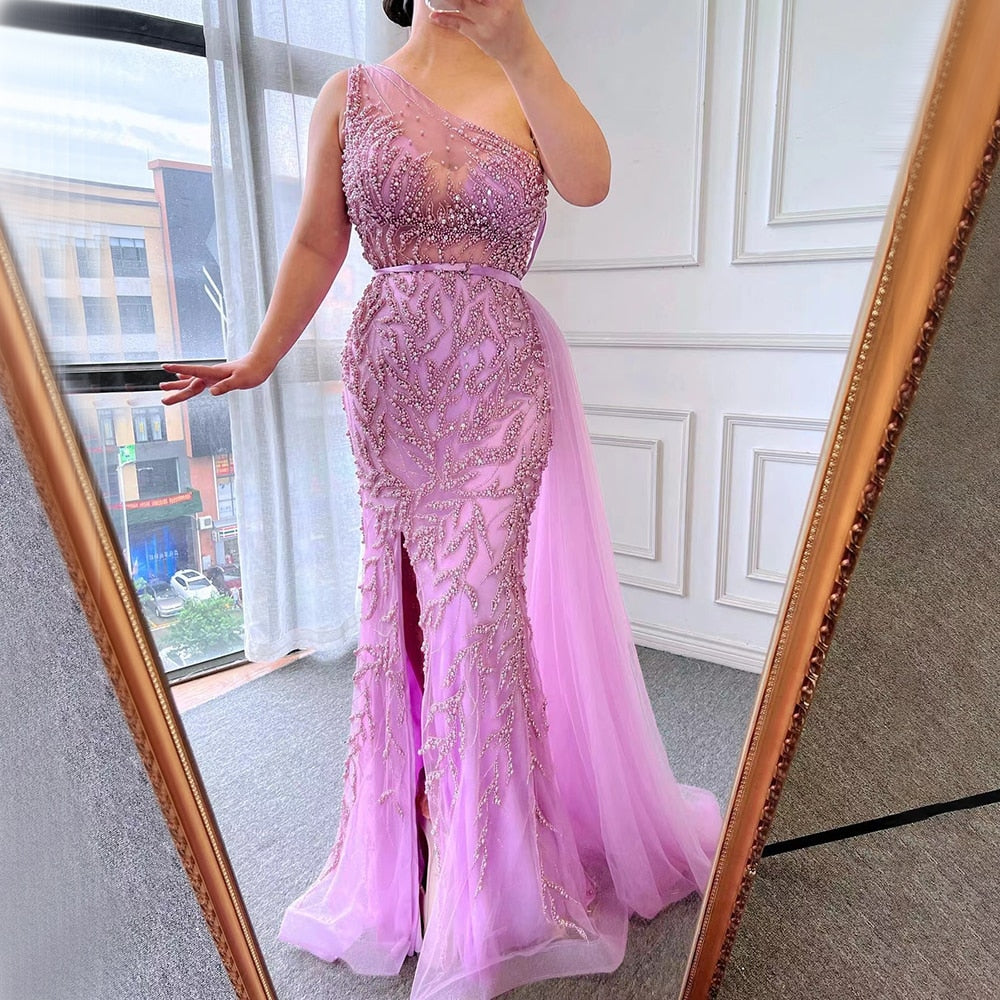 Serene Hill Pink Sexy High Split Mermaid Elegant Evening Dresses Gowns Luxury Beaded 2025 For Women Party LA71582 - SERENE HILL