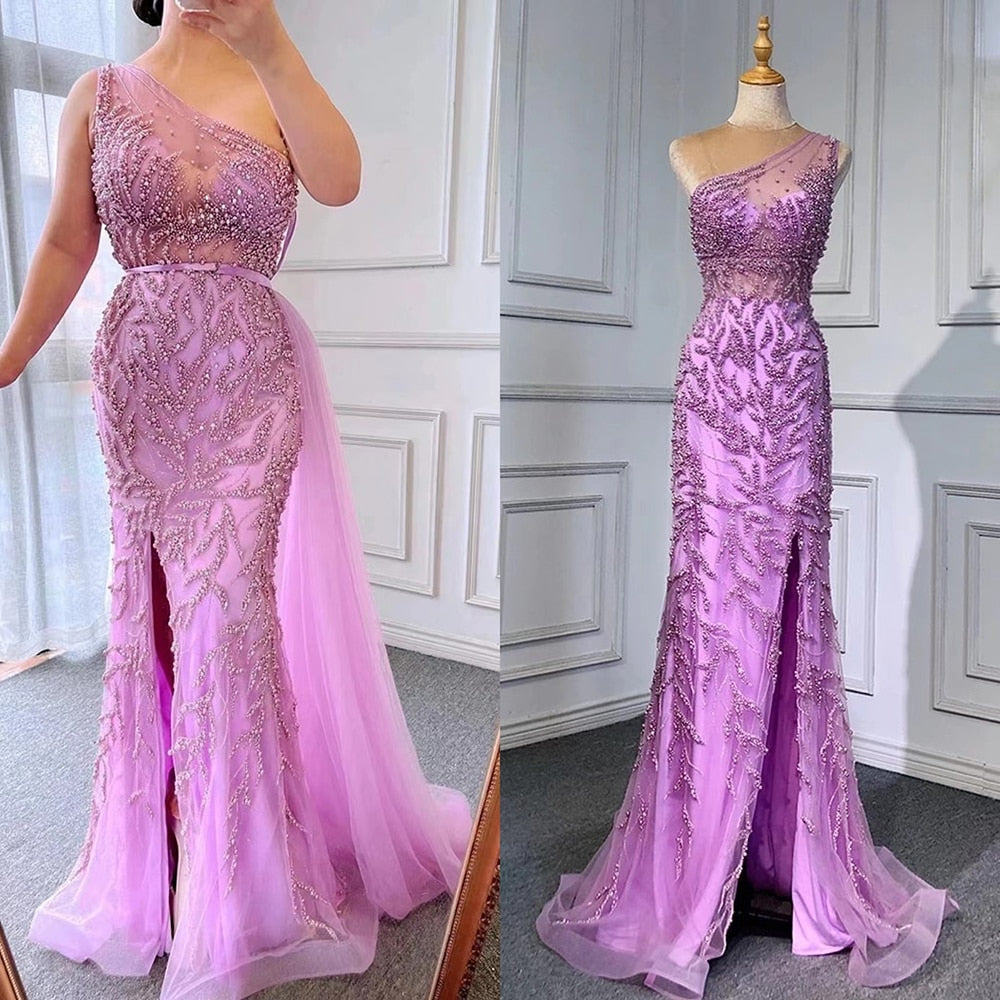 Serene Hill Pink Sexy High Split Mermaid Elegant Evening Dresses Gowns Luxury Beaded 2025 For Women Party LA71582 - SERENE HILL