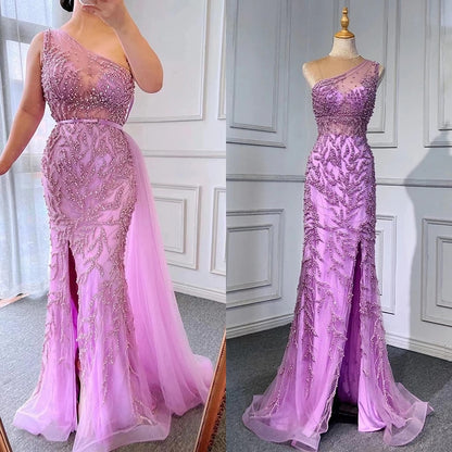 Serene Hill Pink Sexy High Split Mermaid Elegant Evening Dresses Gowns Luxury Beaded 2025 For Women Party LA71582 - SERENE HILL