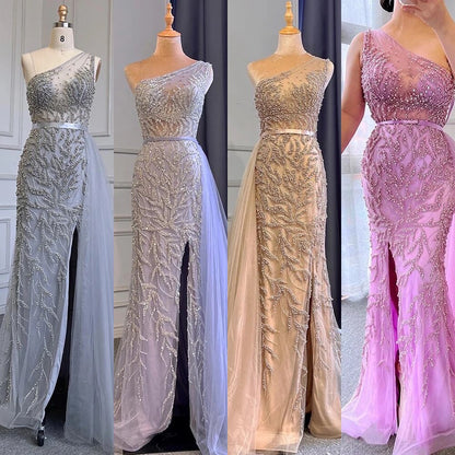Serene Hill Pink Sexy High Split Mermaid Elegant Evening Dresses Gowns Luxury Beaded 2025 For Women Party LA71582 - SERENE HILL