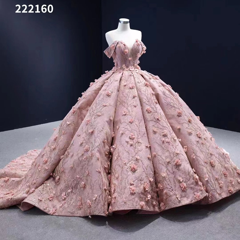 Serene Hill Pink Sexy Off Shoulder Luxury Beaded Appliques Lace Up Bride Gowns Wedding Dress 2025 High End Custom Made HM222160 - SERENE HILL