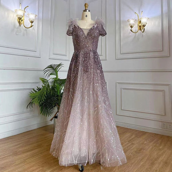 Serene Hill Purple A-Line Sexy V Neck Beaded Feather Arabic Evening Dresses Gowns 2025 For Women Elegant Party LA71805A