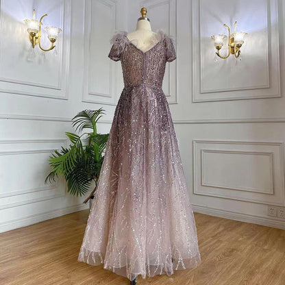 Serene Hill Purple A-Line Sexy V Neck Beaded Feather Arabic Evening Dresses Gowns 2025 For Women Elegant Party LA71805A - SERENE HILL
