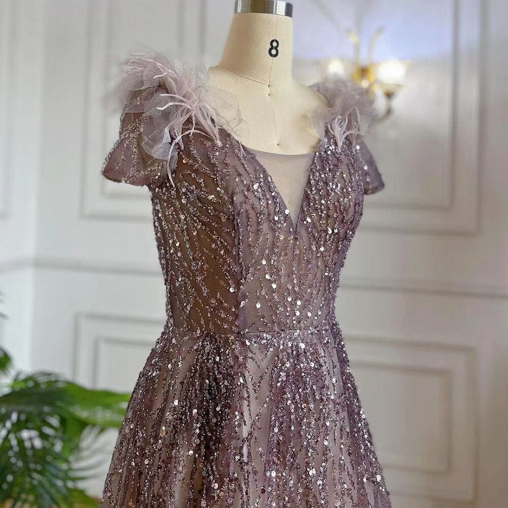 Serene Hill Purple A-Line Sexy V Neck Beaded Feather Arabic Evening Dresses Gowns 2025 For Women Elegant Party LA71805A - SERENE HILL