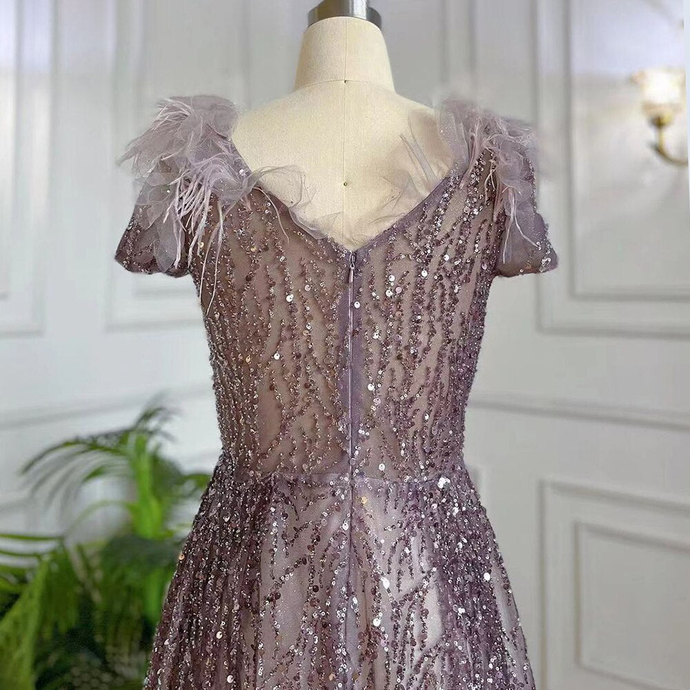 Serene Hill Purple A-Line Sexy V Neck Beaded Feather Arabic Evening Dresses Gowns 2025 For Women Elegant Party LA71805A - SERENE HILL