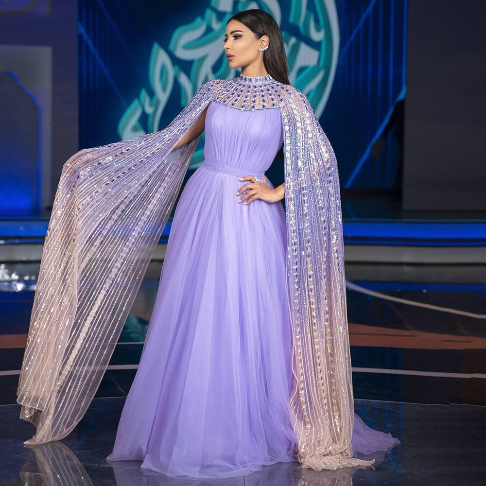 Serene Hill Purple Arabic A-Line Beaded Sexy Luxury Cape Sleeves High Neck Evening Dresses Gowns 2025 For Women Party LA71764 - SERENE HILL