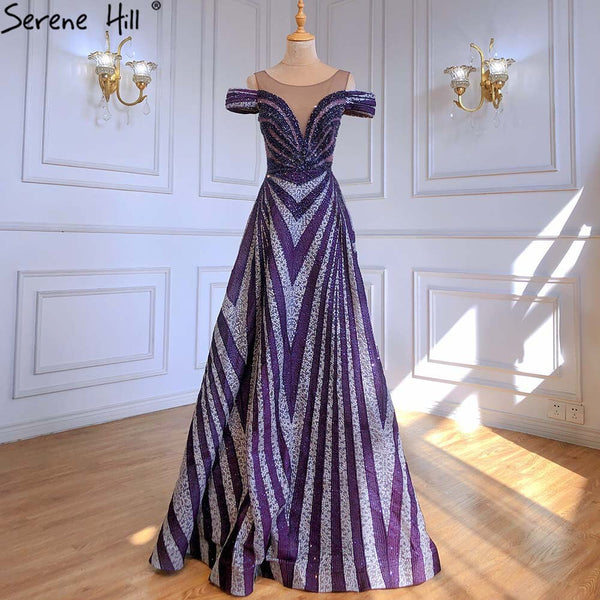 Serene Hill Purple Beaded Luxury Evening Dresses Gowns 2025 Long A-Line Sleeveless For Women Party LA71469