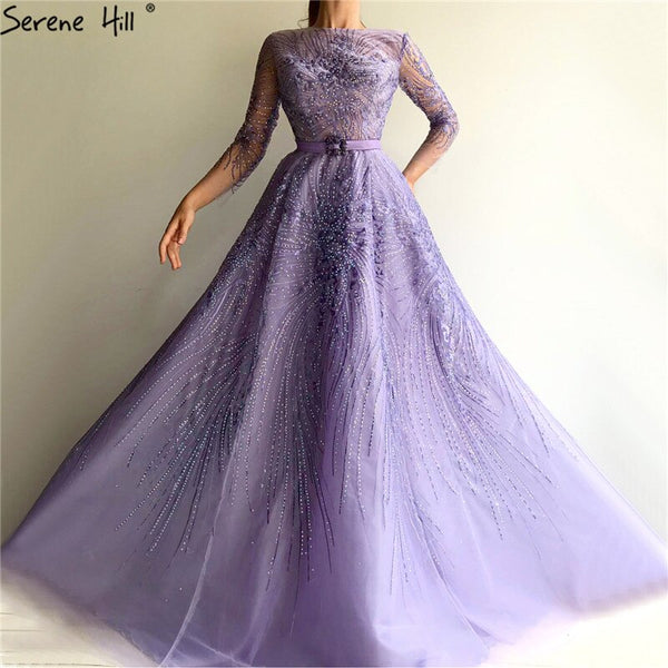 Serene Hill Purple Beading Sashes A-Line Evening Dresses Gowns 2025 Long Sleeves Luxury Elagant For Women Party LA70138