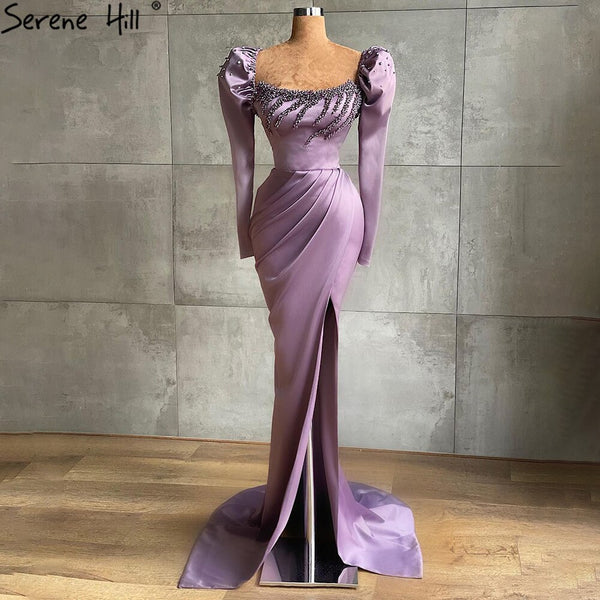 Serene Hill Purple High Split Mermaid Evening Dresses Gowns 2025 Elegant Satin Beading For Women Party LA71090