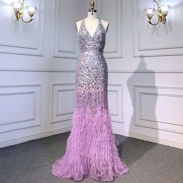 Serene Hill Purple Mermaid Elegant Sexy Spaghetti Straps Evening Dresses Gowns Luxury Feather Shiny Beaded 2025 Woman LA71736