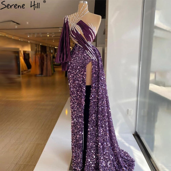 Serene Hill Purple Mermaid High Split Evening Dresses Gowns 2025 Beaded One Shoulder Sexy For Women Party LA71198
