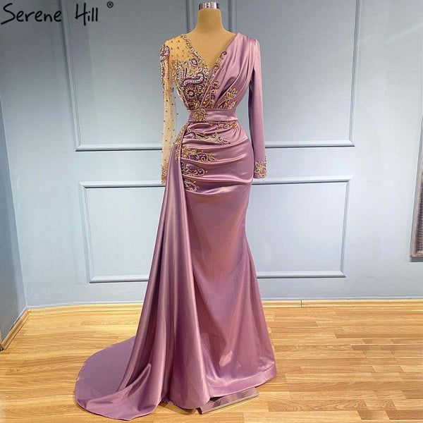 Serene Hill Purple Mermaid Satin Evening Dresses Gowns 2025 Elegant Beaded Luxury For Women Party LA71364