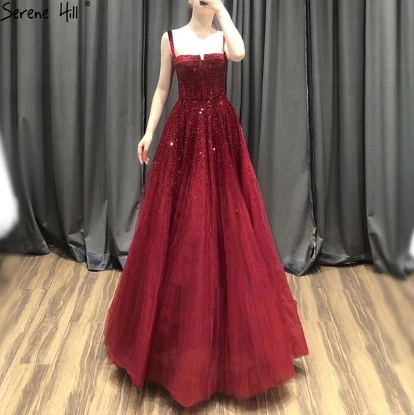Serene Hill Red Beading Evening Gowns 2025 Sleeveless A-Line Luxury Floor-Length Formal Dress Design LA70600