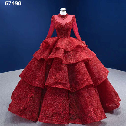 Serene Hill Red Long SsleevesLuxury Lace Beaded Lace Up Ball Gown Bride Gowns Wedding Dress 2025 High End Custom Made HM67498 - SERENE HILL
