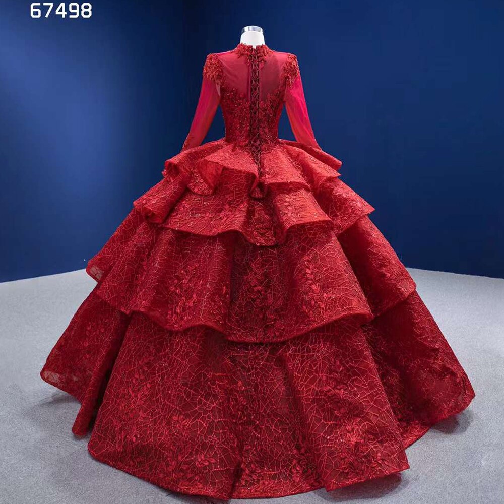 Serene Hill Red Long SsleevesLuxury Lace Beaded Lace Up Ball Gown Bride Gowns Wedding Dress 2025 High End Custom Made HM67498 - SERENE HILL
