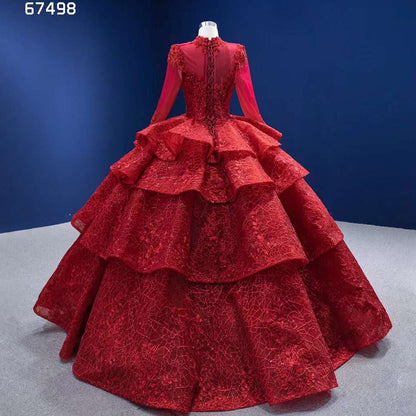 Serene Hill Red Long SsleevesLuxury Lace Beaded Lace Up Ball Gown Bride Gowns Wedding Dress 2025 High End Custom Made HM67498 - SERENE HILL
