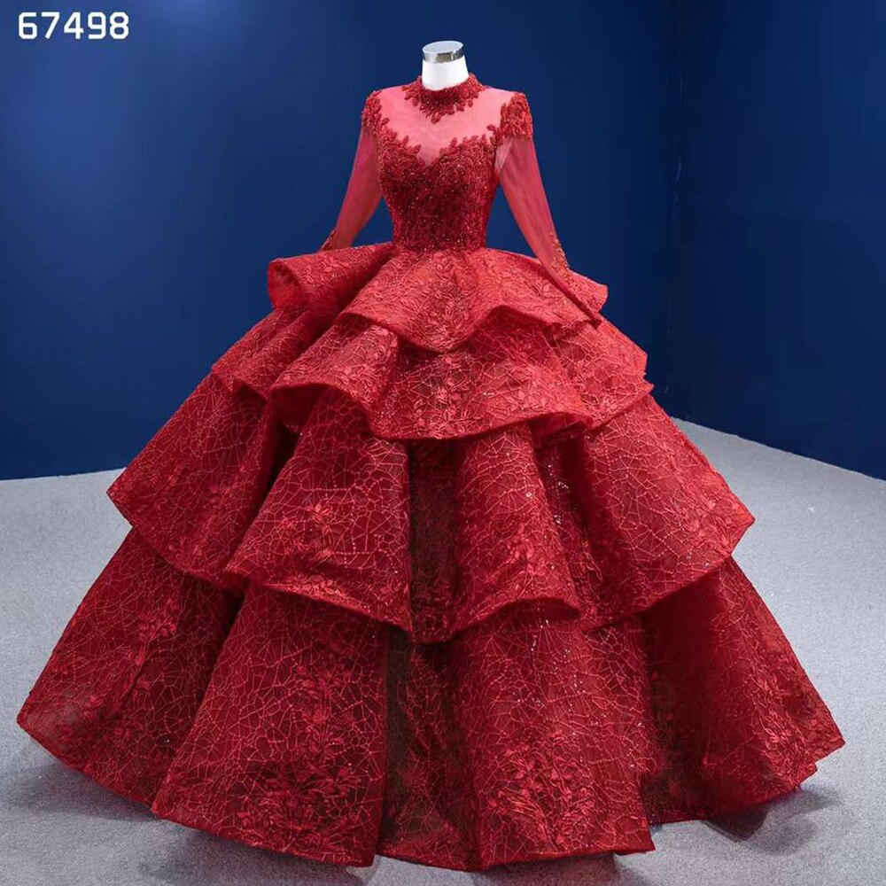 Serene Hill Red Long SsleevesLuxury Lace Beaded Lace Up Ball Gown Bride Gowns Wedding Dress 2025 High End Custom Made HM67498 - SERENE HILL